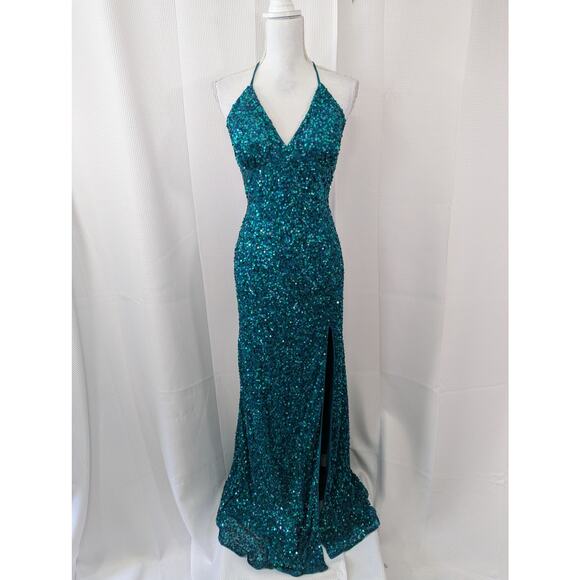 CHANDALIER LOS ANGELES! TEAL SEQUIN EMBELLISHED SHEATH GOWN, THIGH SLIT! SZ 10 - Picture 2 of 10